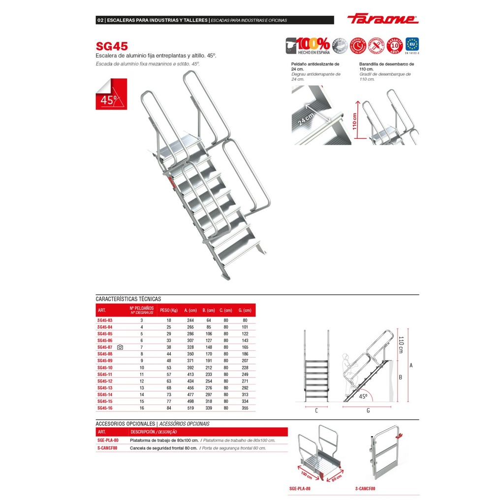 SG45 ESCALERA PARA ENTREPLANTAS Y ALTILLOS (45º INCLINACION)
