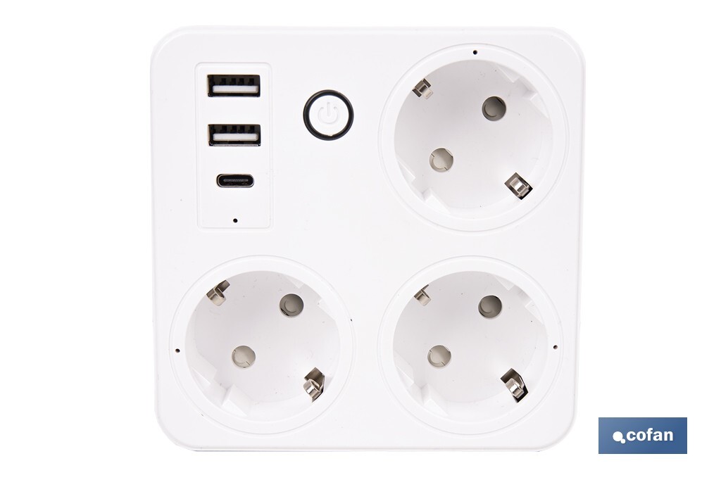 Regleta inteligente WiFi con 3 tomas + 2 puertos USB + 1 puerto USB-C