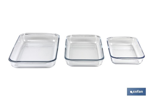[41001809] Set de 3 fuentes rectangulares de borosilicato Modelo Baritina I Capacidad: 1600 ml - 2200 ml - 3000 ml