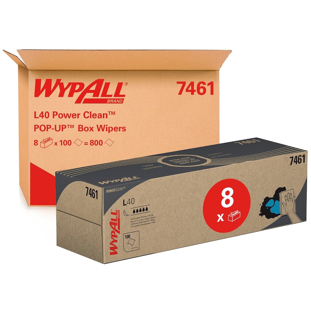 WypAll L40 Power Clean Paños en caja POP-UP Box 7461 - Paños de papel para limpieza - 8 cajas x 100